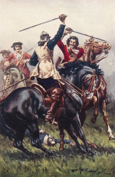 Kamp mellom en Ironside og en Cavalier (farge litho) av Allan (after) Stewart