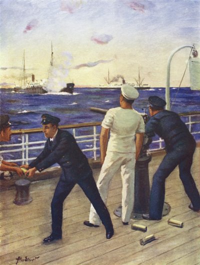 Midtskipsmann Reginald Himbury bistår skytterne til klanen McTavish i kampen med den tyske raideren Moewe av Allan (after) Stewart