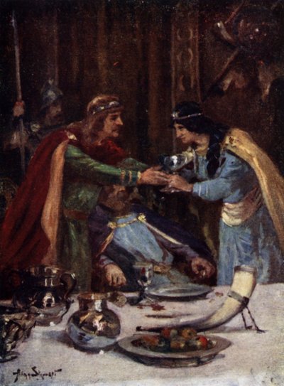 Forgiftning av kong Aethelbert II av East Anglia av Cynethryth, kona til Offa II av Mercia, 794 (farge litho) av Allan (after) Stewart