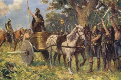 Dronning Boadicea henvender seg til britene (farge litho) av Allan (after) Stewart