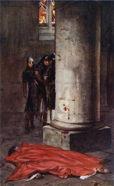 Drapet på Thomas a Becket i Canterbury Cathedral (farge litho) av Allan (after) Stewart