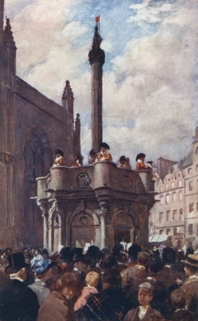 En kongelig erklæring fra Mercat Cross (farge litho) av Allan Stewart