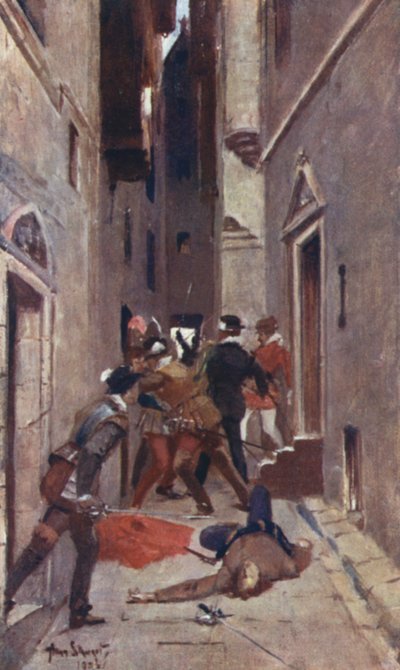 En "Tulzie" i High Street (farge litho) av Allan Stewart