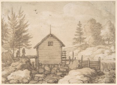 En mølle på klipper i en elv i Norge av Allart van Everdingen