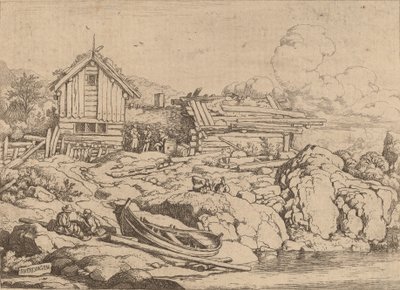 Båt ved en elvebredd med tre geiter, sannsynligvis ca. 16451656. av Allart van Everdingen
