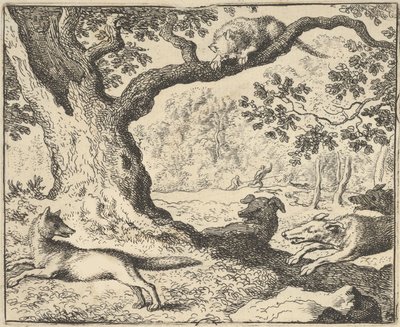 Etter Renards falske historie, blir hans far jaget av jakthunder fra Hendrick van ..., 1650-75. av Allart van Everdingen