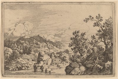 Stor stein som rager ut fra en elv, sannsynligvis ca. 16451656. av Allart van Everdingen