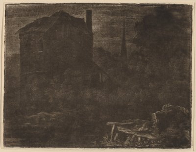 Nattlandskap med hus- og kirkespire, trolig ca. 1660. av Allart van Everdingen