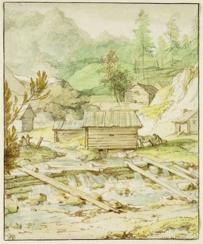 Nordisk landskap med trehytte og overløp (penn, pensel og wc på papir) av Allart van Everdingen