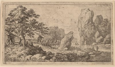 Spiss steinblokk ved bredden av en elv, sannsynligvis ca. 16451656. av Allart van Everdingen