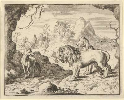 Renard overbeviser løven og løvinnen om å finne en skatt faren stjal fra dem ..., 1650-75. av Allart van Everdingen