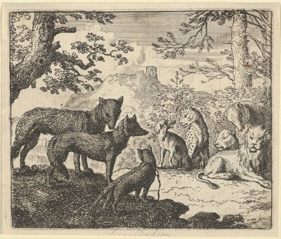 Renards foreldre ber om å få trekke seg tilbake fra hoffet, fra Hendrick van Alcmars «Renard reven» av Allart van Everdingen