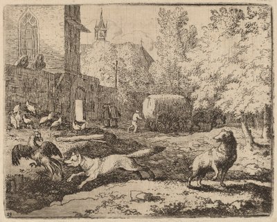 Reynard forsøker å stjele en hane, sannsynligvis ca. 16451656. av Allart van Everdingen