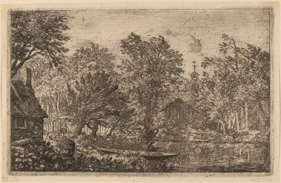 Skiff ved en elvebredd, sannsynligvis ca. 16451656. av Allart van Everdingen