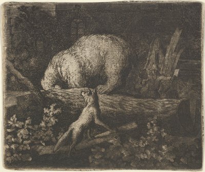 Bjørnen med snuten og forpotene fanget i stammen på et tre, midten av 1600-tallet. av Allart van Everdingen