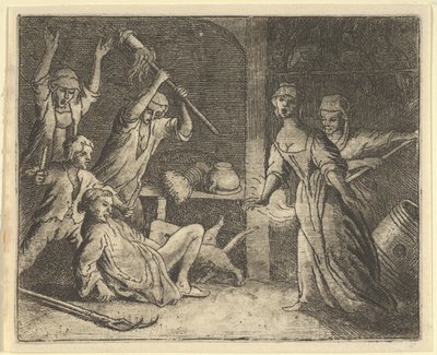 Katten, fanget i en snare, blir mishandlet av folket fra huset, 1650-75. av Allart van Everdingen