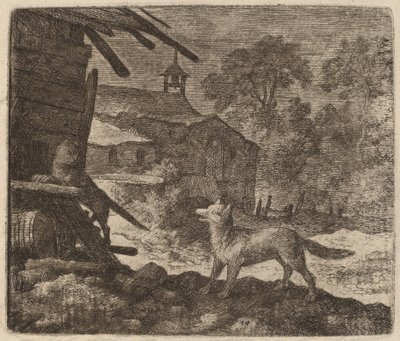 Katten går inn i låven mens Reynard ser på, sannsynligvis ca. 16451656. av Allart van Everdingen