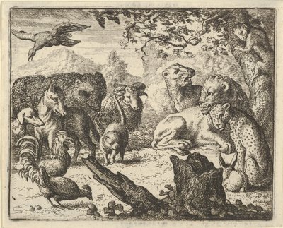 Løven kunngjør en varig fred til dyrene som omgir ham, 1650-75. av Allart van Everdingen