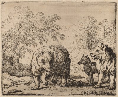 Løven frigjør bjørnen og ulven, sannsynligvis ca. 16451656. av Allart van Everdingen