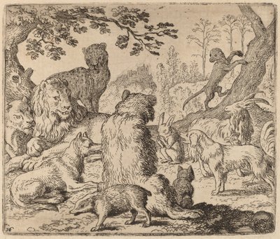 Løven beordrer et masseangrep på Reynard, sannsynligvis ca. 16451656. av Allart van Everdingen