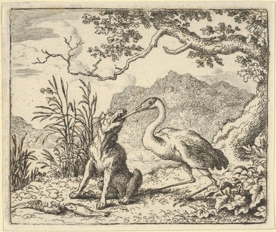 Storken fjerner et bein fra ulvens hals fra Hendrick van Alcmars Renard The F..., 1650-75. av Allart van Everdingen