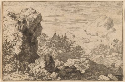 Tre reisende ved foten av en høy stein, sannsynligvis ca. 16451656. av Allart van Everdingen