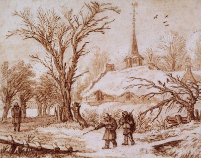 Reisende på en vei nær en landsby om vinteren (kritt, penn, blekk og vask) av Allart van Everdingen