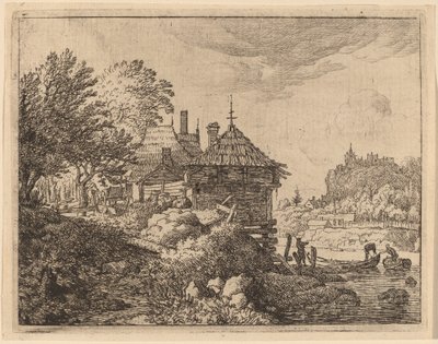 To båter nærmer seg en hytte, sannsynligvis ca. 16451656. av Allart van Everdingen