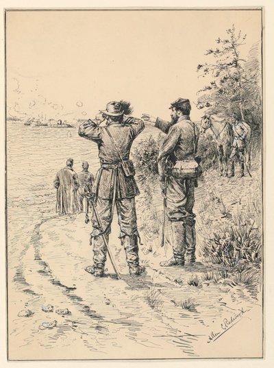 Offiserer og general ser på et sjøslag (Battle of the Monitor and the Merrimac) av Allen Carter Redwood