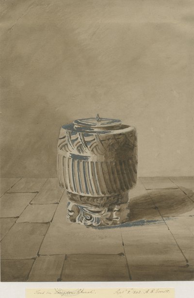 Font i Longdon Church: sepia vasketegning, 8. september 1842 av Allen Edward Everitt