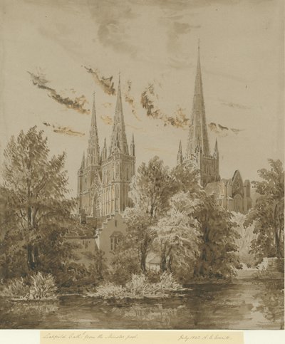 Lichfield Cathedral - South West View: sepia-tegning, juli 1842 av Allen Edward Everitt