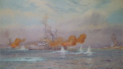 H.M.S. Albion kommandert av kaptein A. Walker-Heneage fullførte ødeleggelsen av de ytre fortene til Dardanellene i 1915, 1925 av Alma Claude Burlton Cull