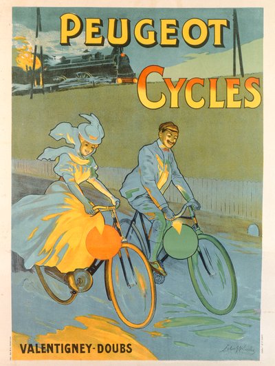 Plakat som reklamerer for Peugeot-sykler (litho-farge) av Almery Lobel Riche