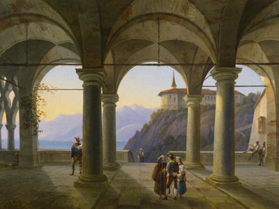 Søyleterrasse med figurantal og utsikt over et fjellvann av Alois Gustav Schulz