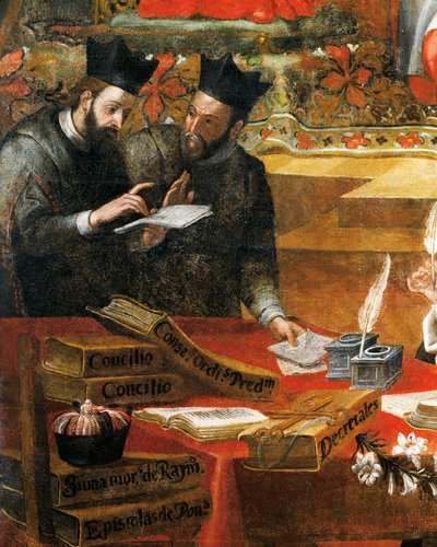 Diskusjon mellom to jesuitter, detalj fra St. Raymond av Penafort, rådgiver for pave Gregor IX, av Alonso Antonio Villamor (1661-1729). Fra St Steven