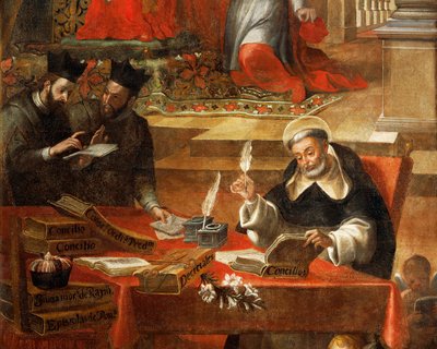 To jesuitter snakker mens St. Raymond skriver rådet, detalj fra St. Raymond av Penafort, rådgiver for pave Gregor IX, av Alonso Antonio Villamor (1661-1729). Fra klosteret St Esteban, Salamanca, Spania. av Alonso Antonio Villamor
