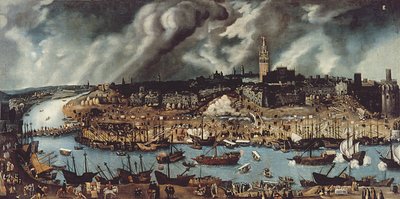 Havnen i Sevilla, ca. 1590 av Alonso attr. to Sanchez Coello