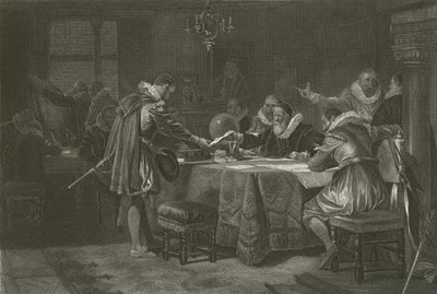 Henry Hudson mottok sin kommisjon fra det nederlandske østindiske kompani, 1609 av Alonzo Chappel