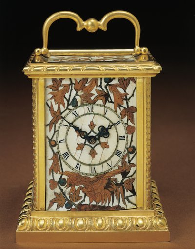 Vognklokke, fra et Napoleon III-bordsett i fire deler, intarsia av Duvinage og Harinckouk, ca. 1877 (ormolu-montert elfenben og fruktved) (476432 og 476441) av Alphonse Gustave Giroux