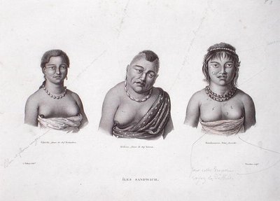 Hustruer til Hawaii-høvdingene fra Sandwichøyene, ca. 1824 (gravering) av Alphonse (after) Pellion