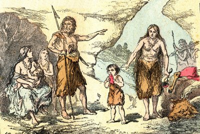 En familie i reinens tid (Prehistoire): Naturlig skapelse og levende vesener. Tegning A. Demarle. 1885 av Alphonse Demarle