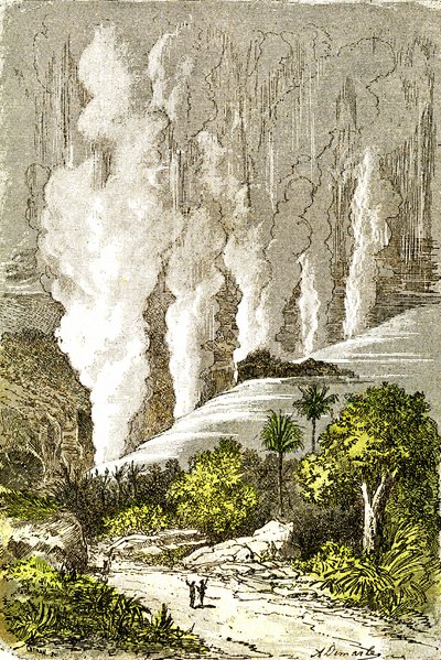 Forhistorie - Cataracts of Zambeze: Naturlig skapelse og levende vesener. Tegning av A. Demarle. 1885 av Alphonse Demarle