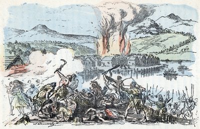 Forhistorie: krigssted ved begynnelsen av jernalderen, brann i bosetningene på pålhuset (pålhuset) Gravering fra "" La nature et l