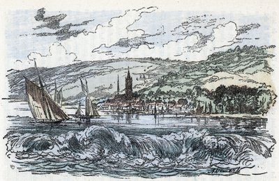 Utsikt over tidevannsboringen av Seinen ved Caudebec-en-Caux (Caudebec en Caux) i Seine Maritime, Normandie (tidevannsboringen av Seinen ved Caudebec en Caux, Normandie) Gravering fra "" La nature et l
