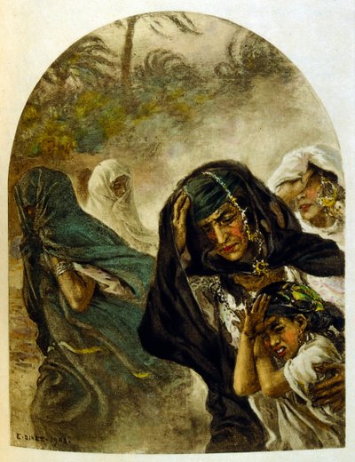 Illustrasjon av Dinet fra «Mirages» Scener fra arabisk liv. 1906. Mirages, Scenes De La Vie Arab ble illustrert av Etienne Dinet med kommentarer av Silman Ben Ibrahim Bamer. Nasreddine Dinet ble født som Alphonse-Etienne Dinet; (1861-1929) var fransk av Alphonse Etienne Dinet