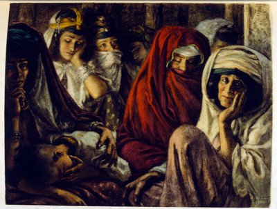 Illustrasjon av Dinet fra «Mirages» Scener fra arabisk liv. 1906. Mirages, Scenes De La Vie Arab ble illustrert av Etienne Dinet med kommentarer av Silman Ben Ibrahim Bamer. Nasreddine Dinet ble født som Alphonse-Etienne Dinet; (1861-1929) var fransk av Alphonse Etienne Dinet