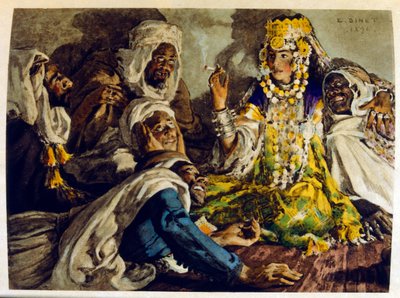 Illustrasjon av Dinet fra «Mirages» Scener fra arabisk liv. 1906. Mirages, Scenes De La Vie Arab ble illustrert av Etienne Dinet med kommentarer av Silman Ben Ibrahim Bamer. Nasreddine Dinet ble født som Alphonse-Etienne Dinet; (1861-1929) var fransk av Alphonse Etienne Dinet