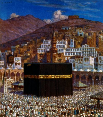 Illustrasjon som viser muslimske pilegrimer ved Kabbah i Mekka. av Nasreddine Dinet (Alphonse-Étienne Dinet). 1861 1929 av Alphonse Etienne Dinet