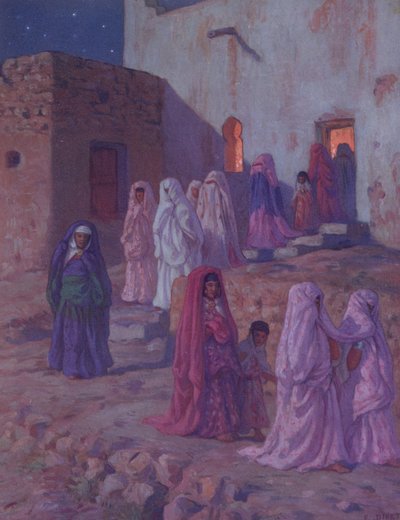 Muslimer som forlater landsbymoskeen på Eve of Mouled, illustrasjon fra en historie om profeten Mohammeds liv, publisert i Paris i 1918 av Alphonse Etienne Dinet
