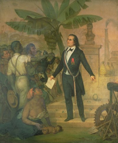 Joseph Napoleon Sebastien Sarda Garriga (1808-77) med frigjøringsdekretet om La Reunion av Alphonse Garreau